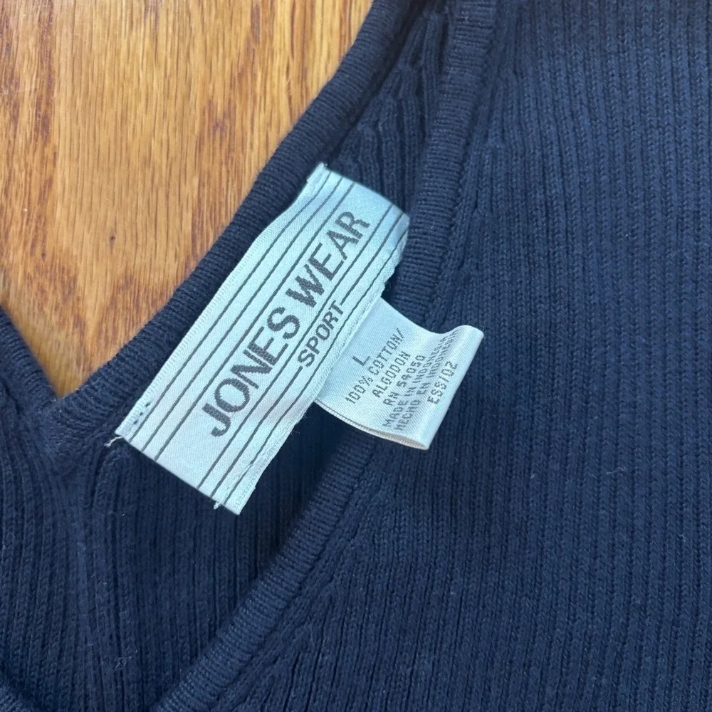 Jones Wear Sport Womens Navy Blue Ribbed‎ Knit V-Neck 100% Cotton Sweater Large